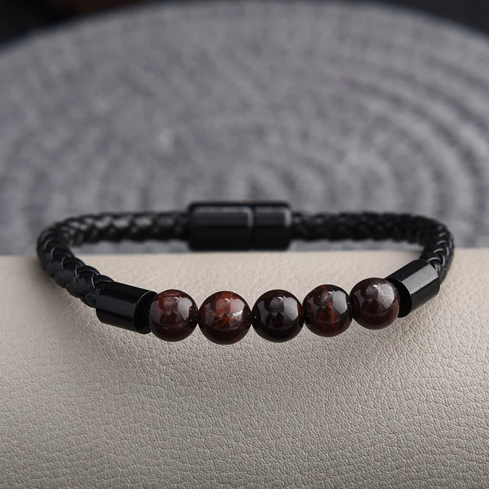 Black Tiger Eye Leather Bracelet - Lava Stone Chakra Beads & Magnetic Clasp