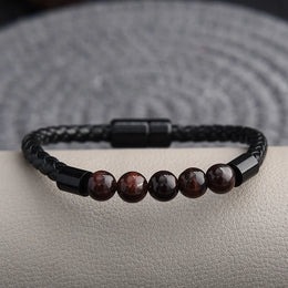 Black Tiger Eye Leather Bracelet - Lava Stone Chakra Beads & Magnetic Clasp