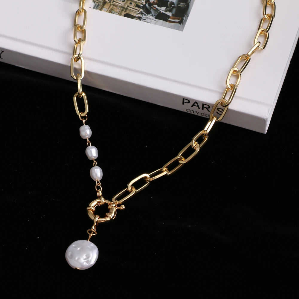 Layered Pearl Thick Chains Pendant Necklace - Trendy Statement Style