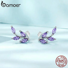 Genuine 925 Sterling Silver Purple Branch Stud Earrings - Fine Jewelry