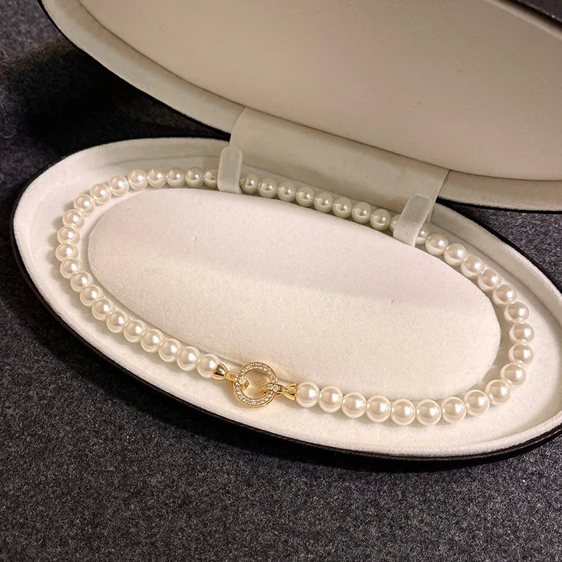 Round Pearl Circle Pendant Necklace - Geometric Modern Pearl Jewelry