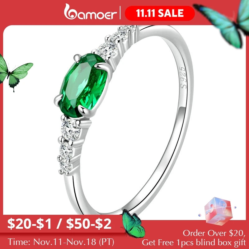 925 Sterling Silver Simple Green Gemstone Ring - Geometric Zircon Design