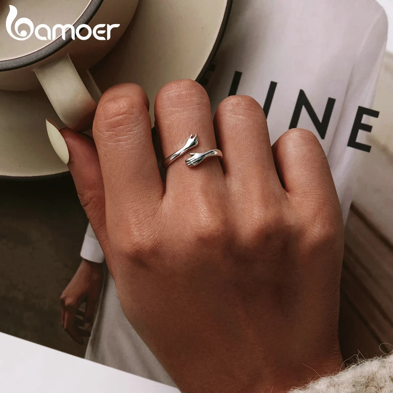 925 Sterling Silver Hug Warmth and Love Hand Adjustable Ring - Romantic Jewelry