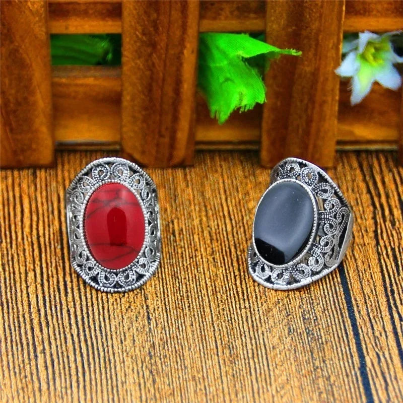 Vintage Hollow Flower Oval Stone Ring - Plant Design Statement Piece