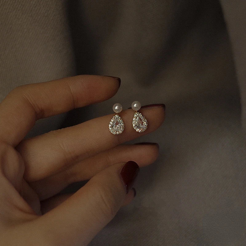 Pearl Stud Earrings with Zircon - Elegant Sterling Silver Jewelry