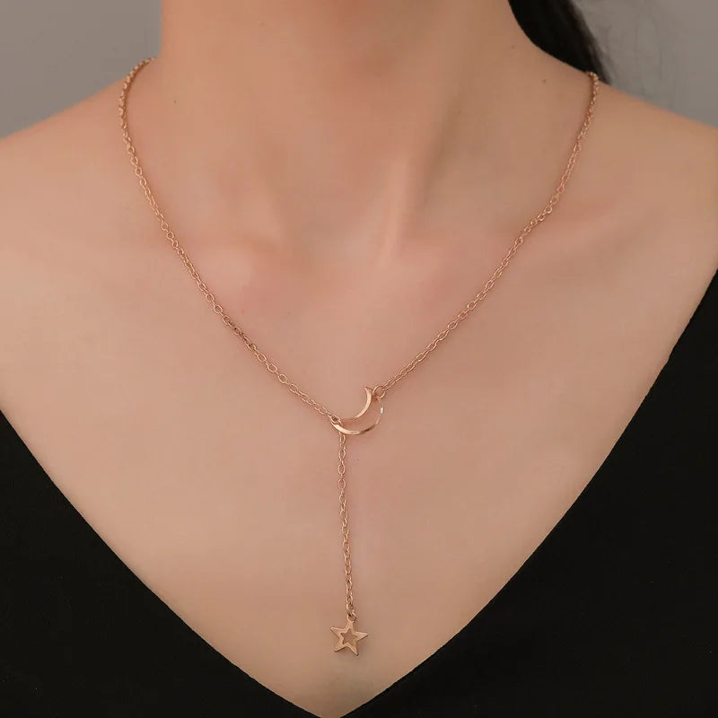 Moon Star Pendant Choker Necklace - Celestial Minimalist Jewelry