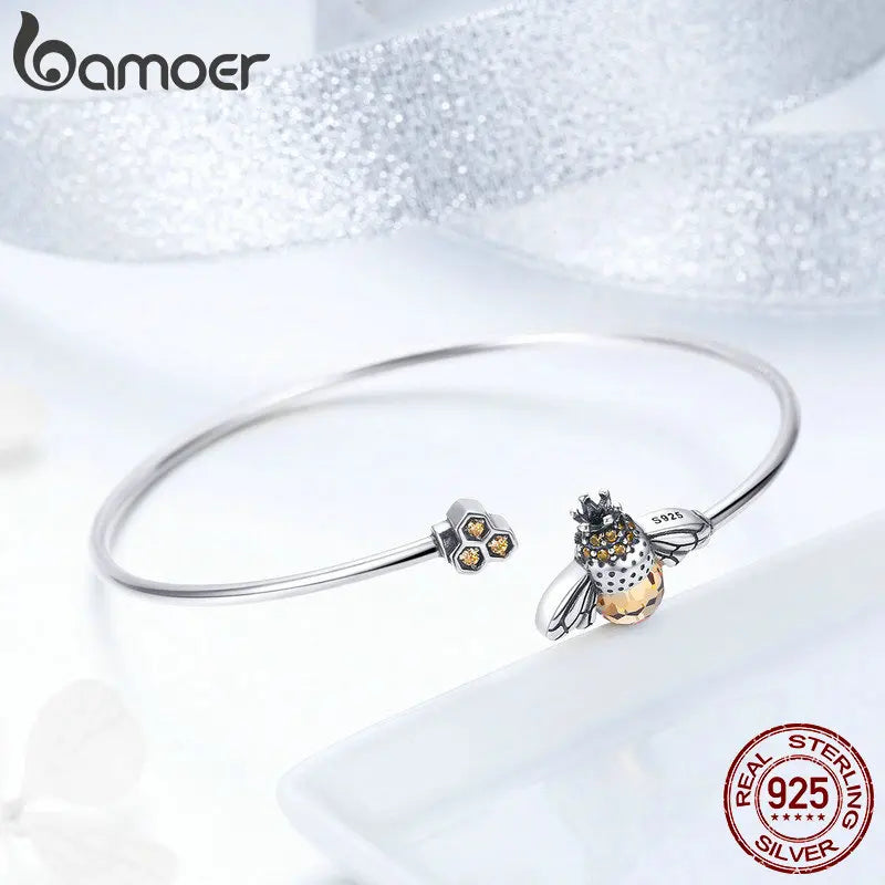925 Sterling Silver Crystal Yellow Bee Bangle - Zircon Cuff Bracelet