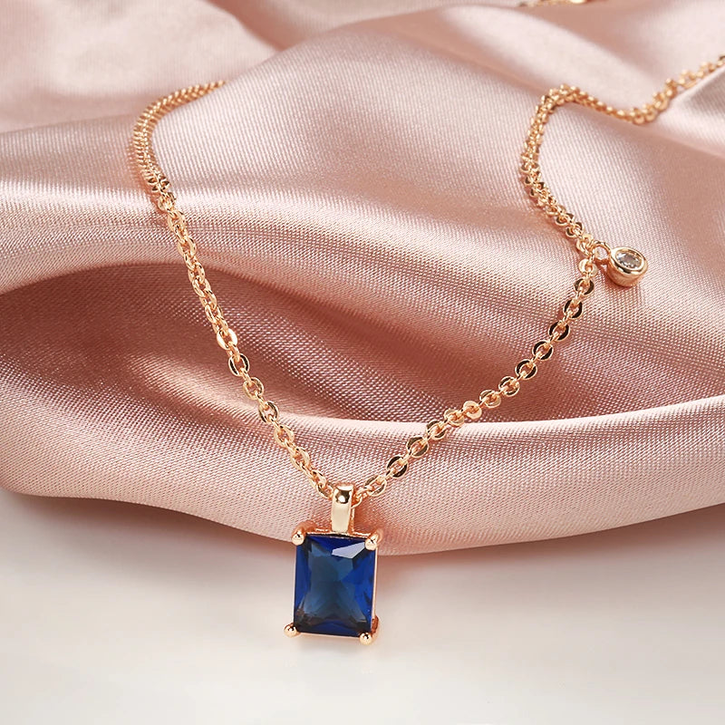 Square Cut Blue Zircon Pendant Necklace - 585 Rose Gold Elegance