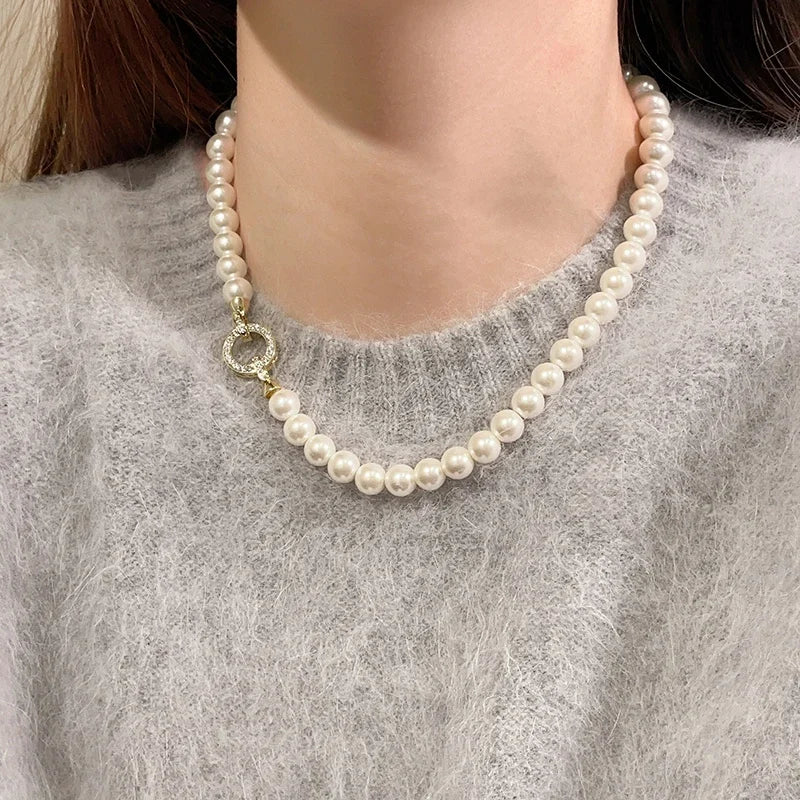 Round Pearl Circle Pendant Necklace - Geometric Modern Pearl Jewelry