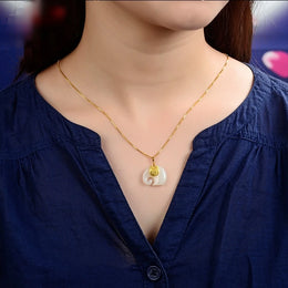 Gold Plated Hetian Jade Elephant Pendant Necklace - Lucky Charm Jewelry