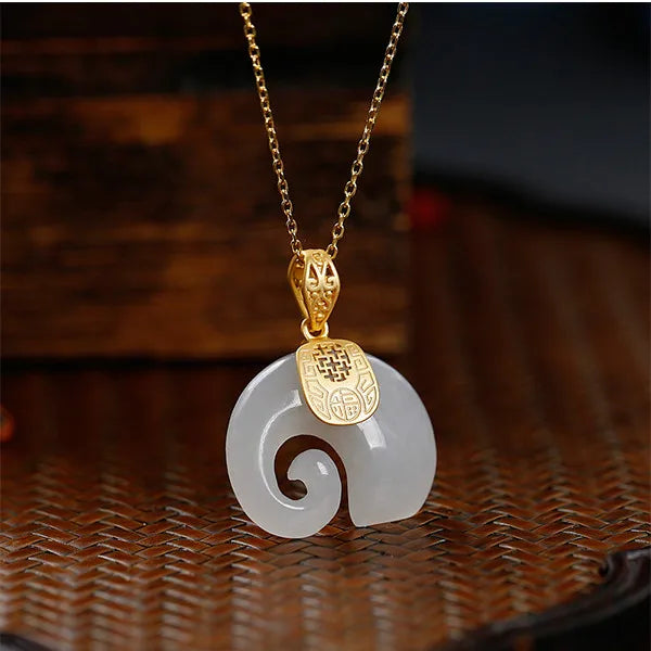 Gold Plated Hetian Jade Elephant Pendant Necklace - Lucky Charm Jewelry
