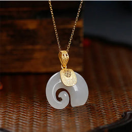 Gold Plated Hetian Jade Elephant Pendant Necklace - Lucky Charm Jewelry