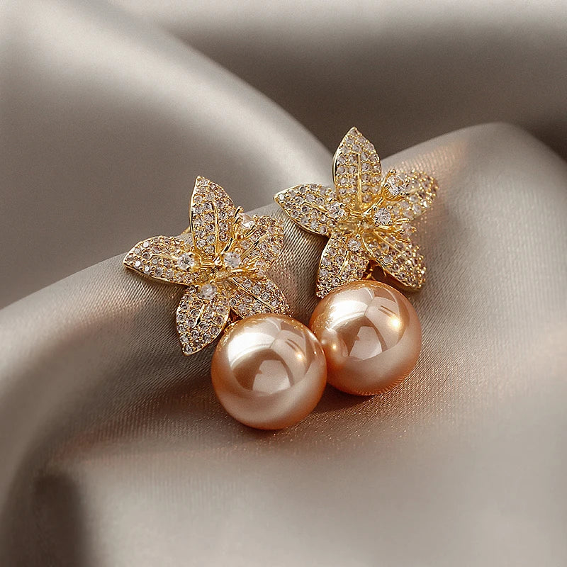 Rose Gold Pearl Flower Dangle Earrings - Elegant Rhinestone Fashion Jewelry