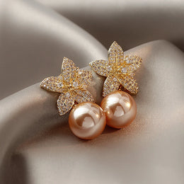 Rose Gold Pearl Flower Dangle Earrings - Elegant Rhinestone Fashion Jewelry