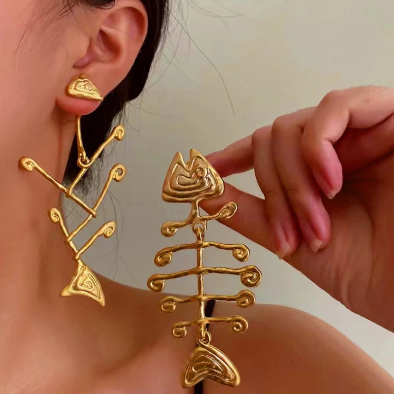 Fish Bone Asymmetric Dangle Earrings - Geometric Zinc Alloy Fashion Jewelry