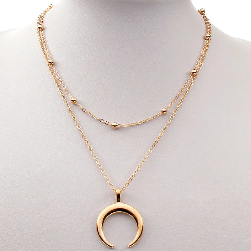 Double Layer Moon Pendant Necklace - Gold-Tone Celestial Jewelry