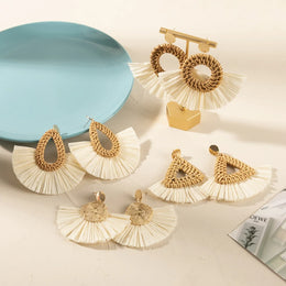 Rattan Raffia Tassel Pendant Earrings - Vintage Geometric Handcrafted Jewelry