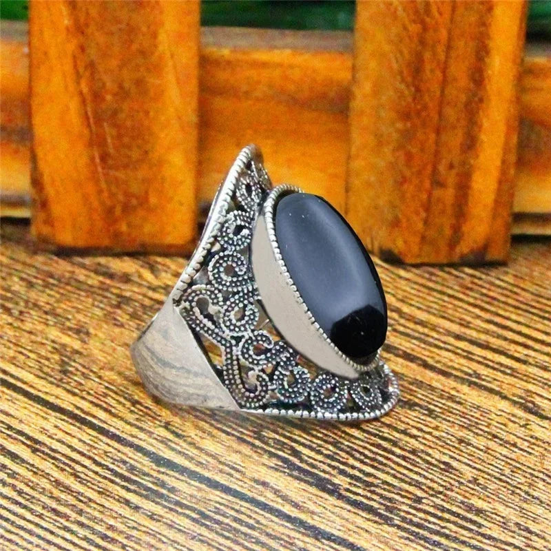 Vintage Hollow Flower Oval Stone Ring - Plant Design Statement Piece