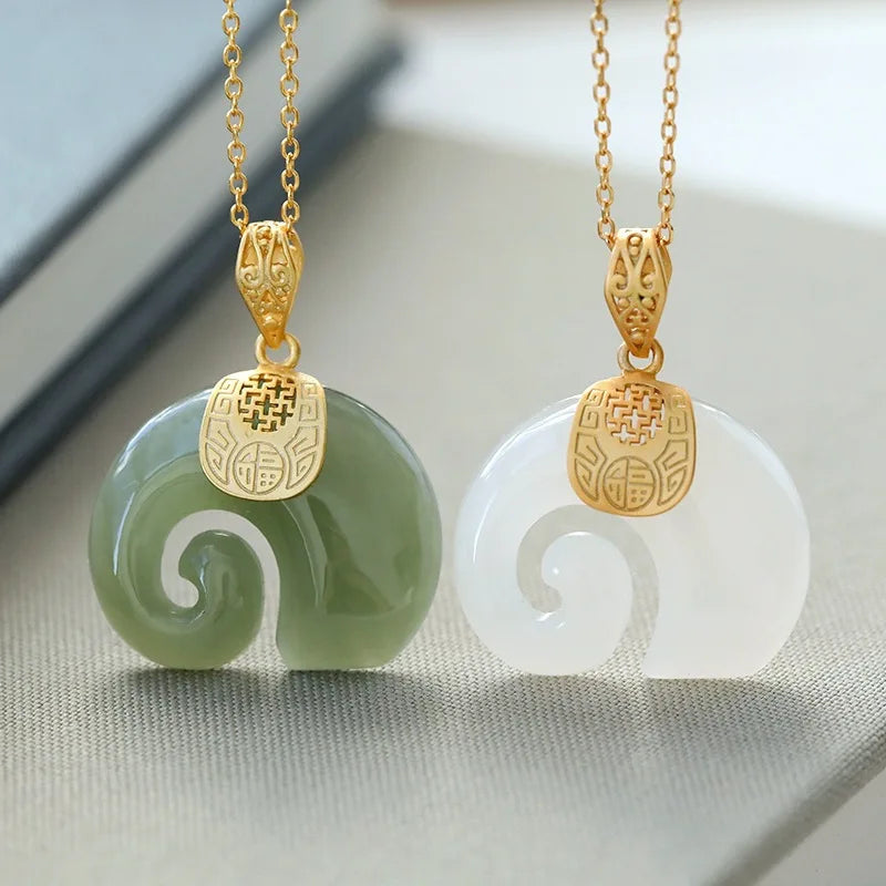 Gold Plated Hetian Jade Elephant Pendant Necklace - Lucky Charm Jewelry