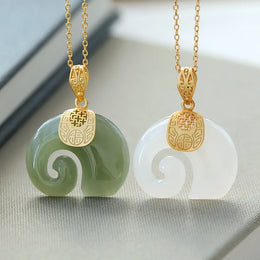 Gold Plated Hetian Jade Elephant Pendant Necklace - Lucky Charm Jewelry