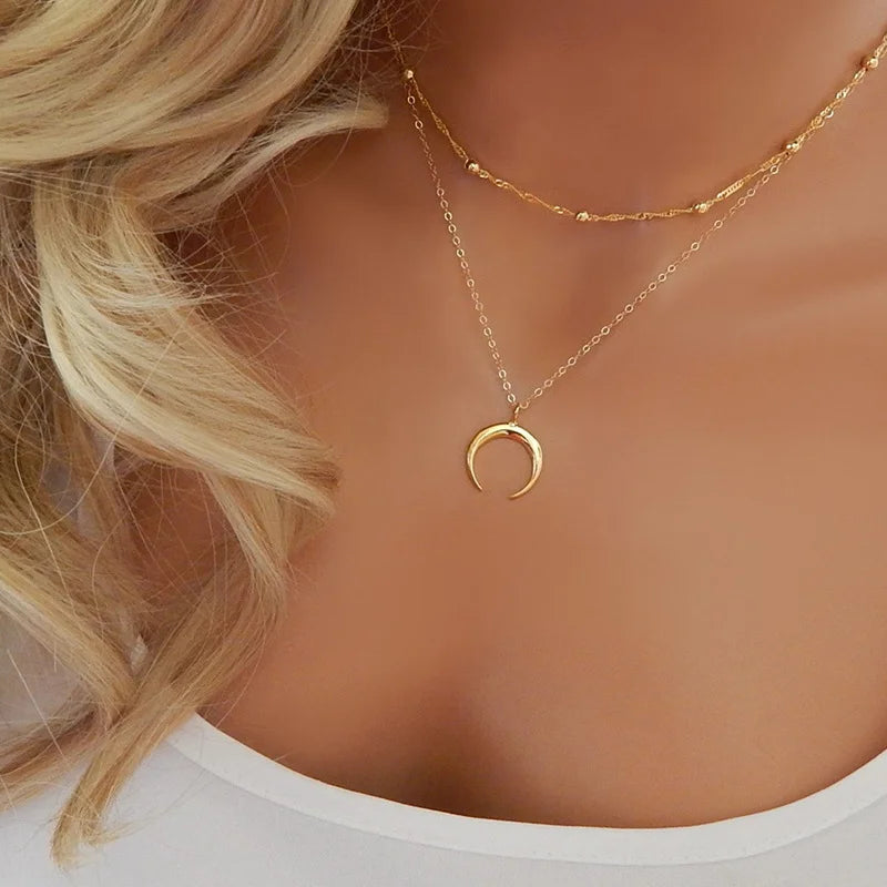 Double Layer Moon Pendant Necklace - Gold-Tone Celestial Jewelry