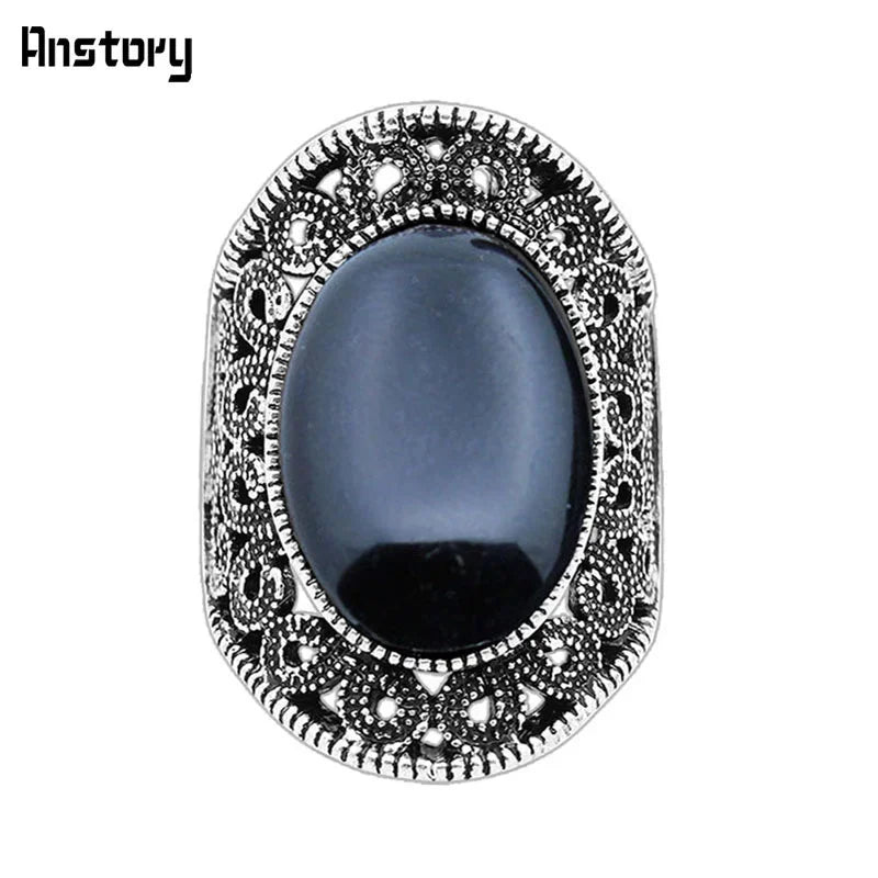 Vintage Hollow Flower Oval Stone Ring - Plant Design Statement Piece