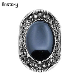 Vintage Hollow Flower Oval Stone Ring - Plant Design Statement Piece