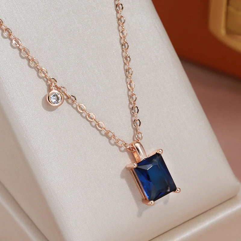 Square Cut Blue Zircon Pendant Necklace - 585 Rose Gold Elegance