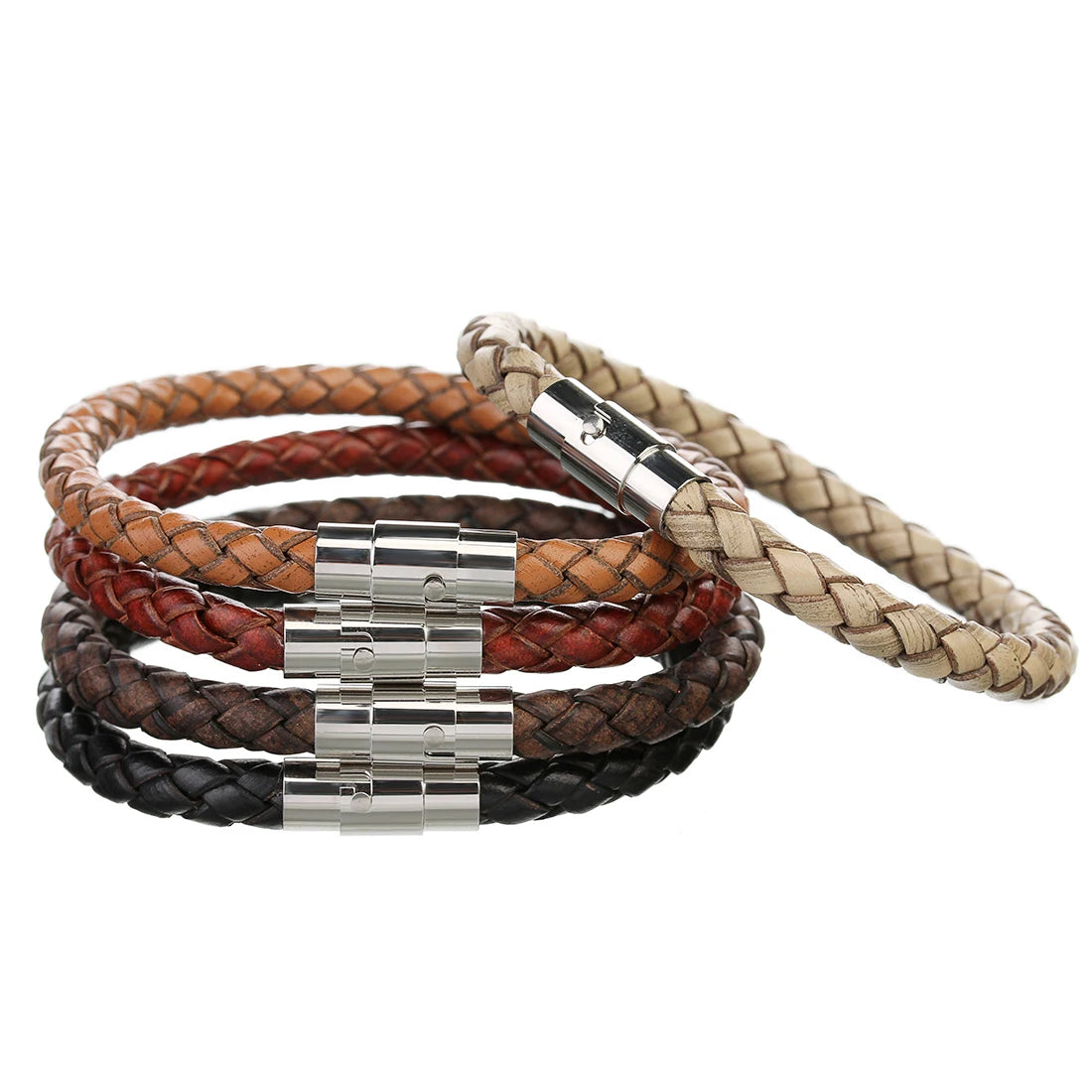 100% Genuine Braided Leather Bracelet - Stainless Steel Fashion Jewelry