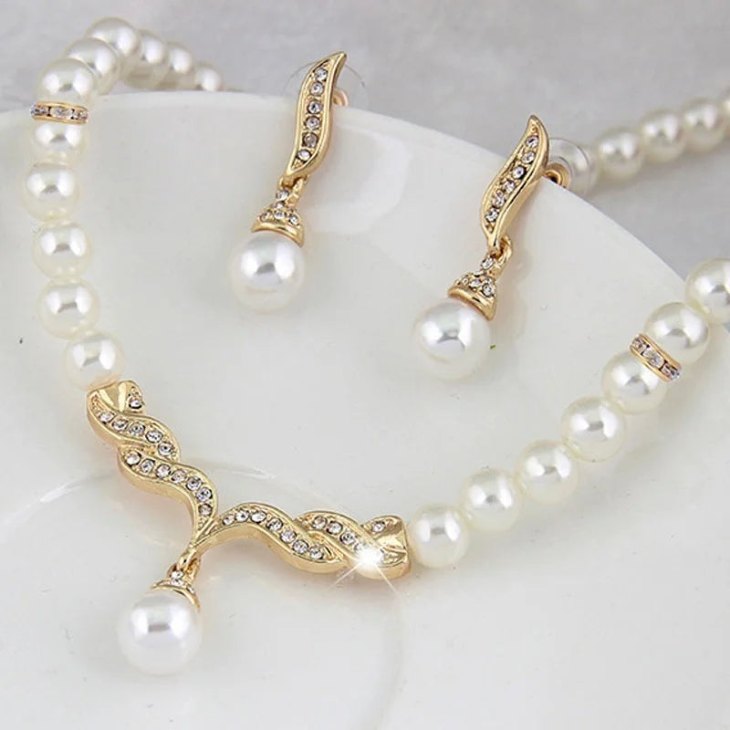 Gold Color Simulated Pearl Jewelry Set - Luxury Necklace and Earrings
