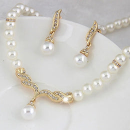 Gold Color Simulated Pearl Jewelry Set - Luxury Necklace and Earrings