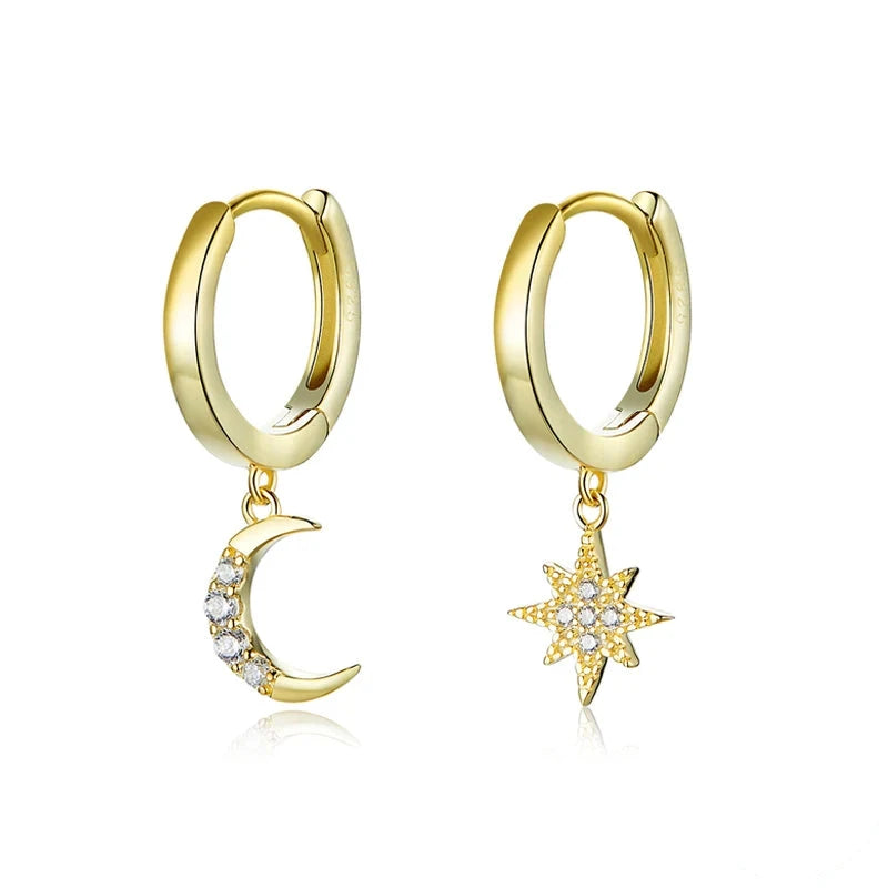 Genuine 925 Sterling Silver Moon and Star Dangle Earrings - Fine Jewelry