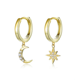 Genuine 925 Sterling Silver Moon and Star Dangle Earrings - Fine Jewelry