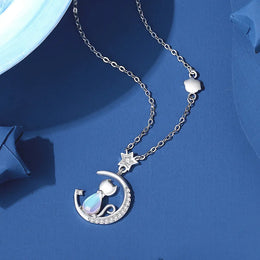 Cat Moon Pendant Necklace - Whimsical Celestial Animal Jewelry