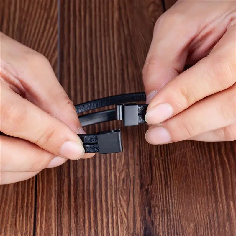 Black Genuine Leather Bracelet - Minimalist Stainless Steel Style