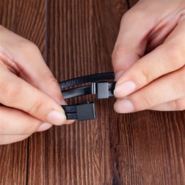 Black Genuine Leather Bracelet - Minimalist Stainless Steel Style