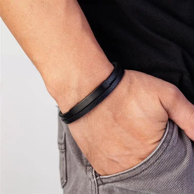 Black Genuine Leather Bracelet - Minimalist Stainless Steel Style