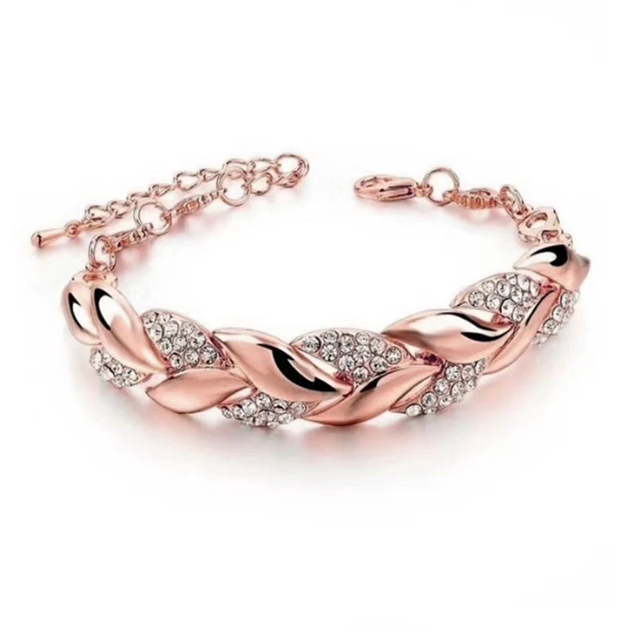 Braided Gold Color Leaf Bracelets - Rhinestone Punk Fashion Jewelry