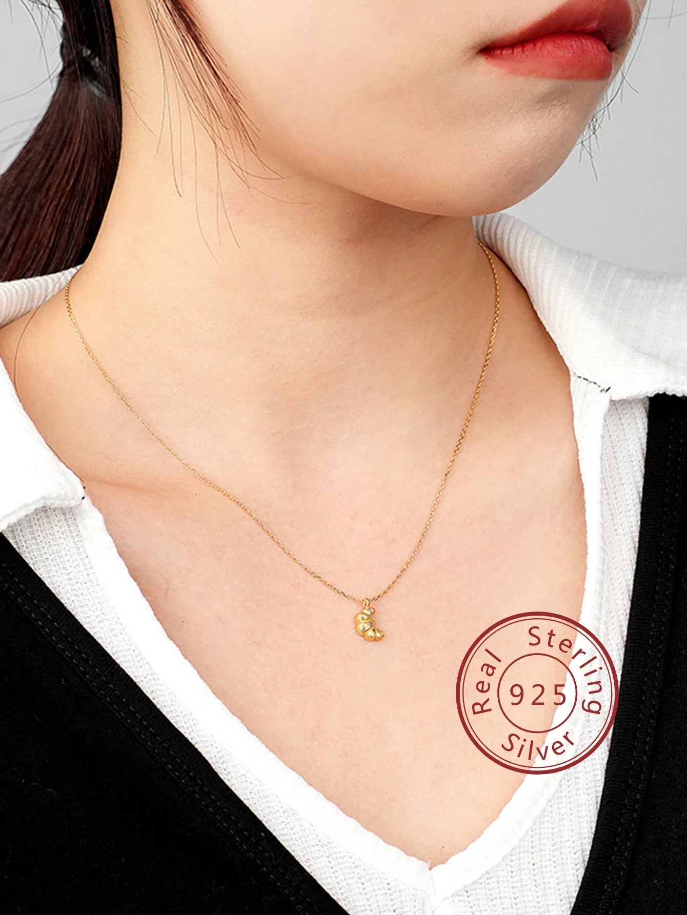 925 Sterling Silver Croissant Pendant Necklace - Gold Charm Jewelry