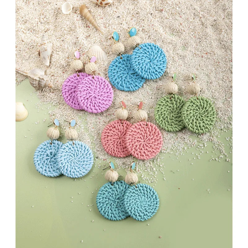 Rattan Raffia Tassel Pendant Earrings - Vintage Geometric Handcrafted Jewelry