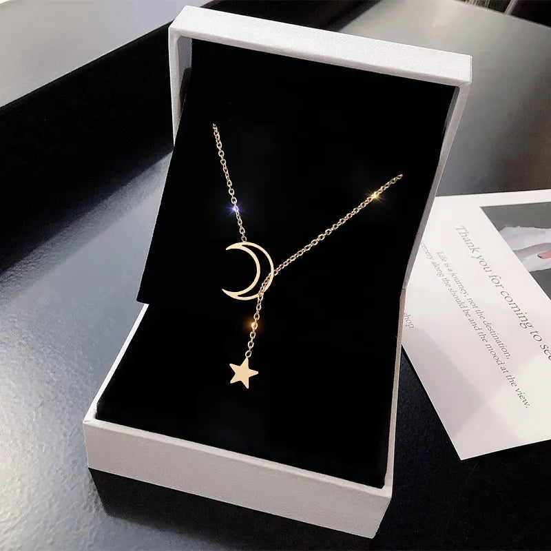 Moon Star Pendant Choker Necklace - Celestial Minimalist Jewelry