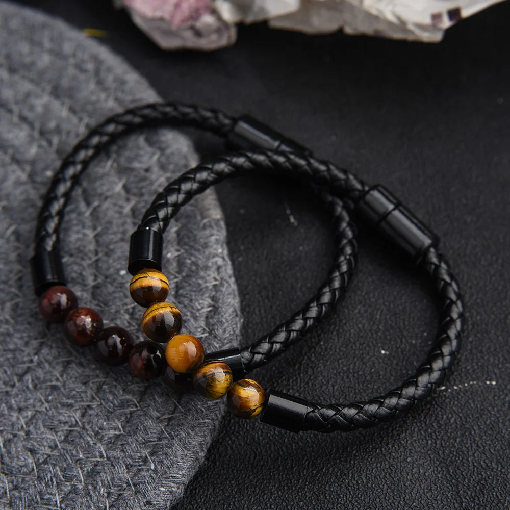 Black Tiger Eye Leather Bracelet - Lava Stone Chakra Beads & Magnetic Clasp