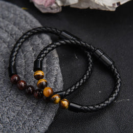 Black Tiger Eye Leather Bracelet - Lava Stone Chakra Beads & Magnetic Clasp