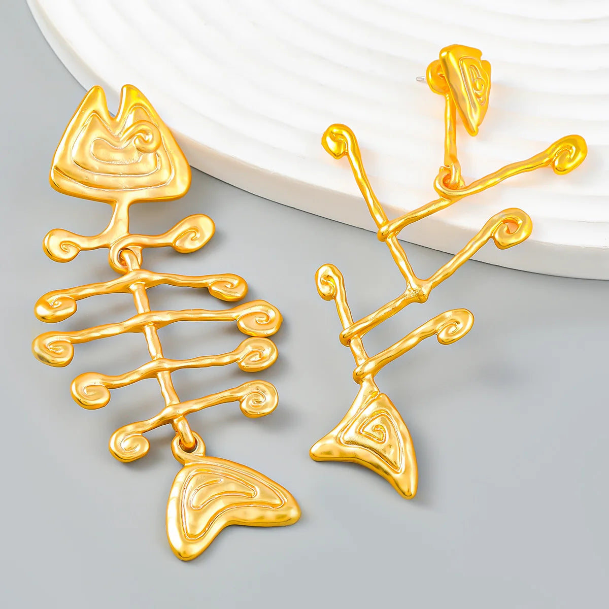 Fish Bone Asymmetric Dangle Earrings - Geometric Zinc Alloy Fashion Jewelry