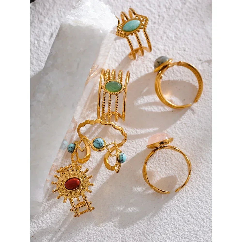 Trendy Stone Layered Ring - Stainless Steel Rhinestone Geometric Jewelry