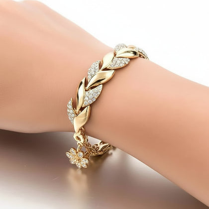 Braided Gold Color Leaf Bracelets - Rhinestone Punk Fashion Jewelry