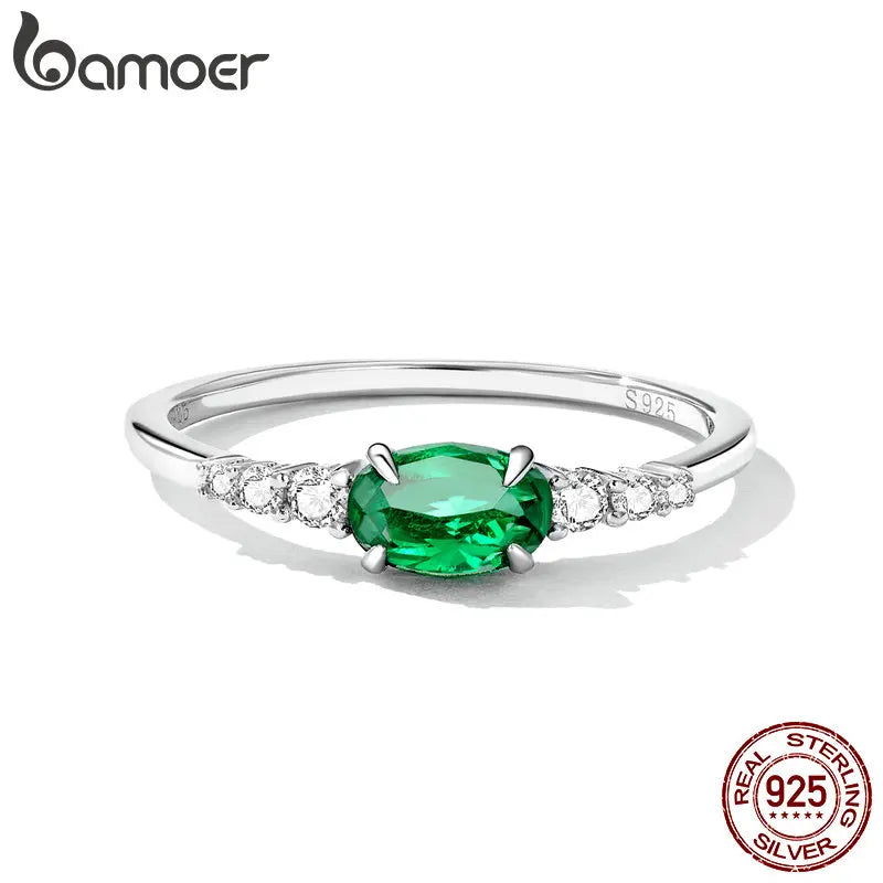 925 Sterling Silver Simple Green Gemstone Ring - Geometric Zircon Design
