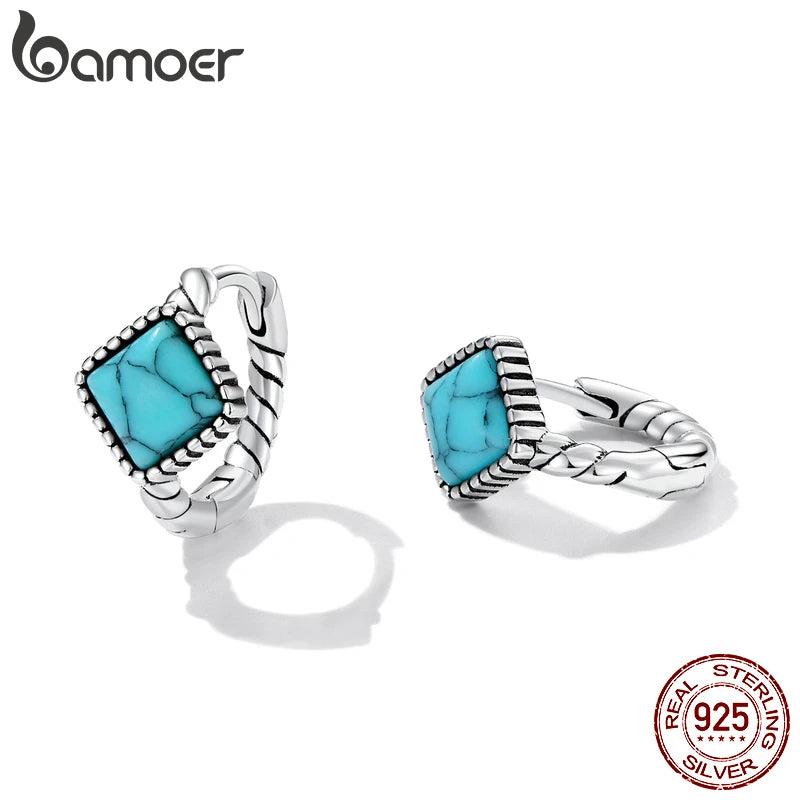925 Sterling Silver Blue Square Turquoise Earrings - Geometric Gemstone Studs