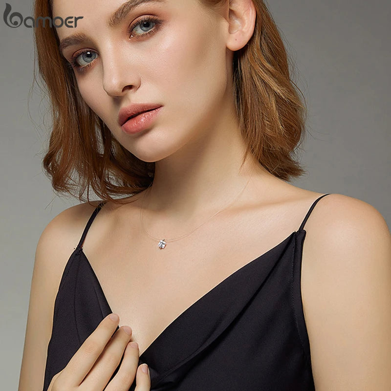 Silver Invisible Chain Necklace - Floating Zircon Pendant