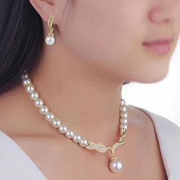 Gold Color Simulated Pearl Jewelry Set - Luxury Necklace and Earrings